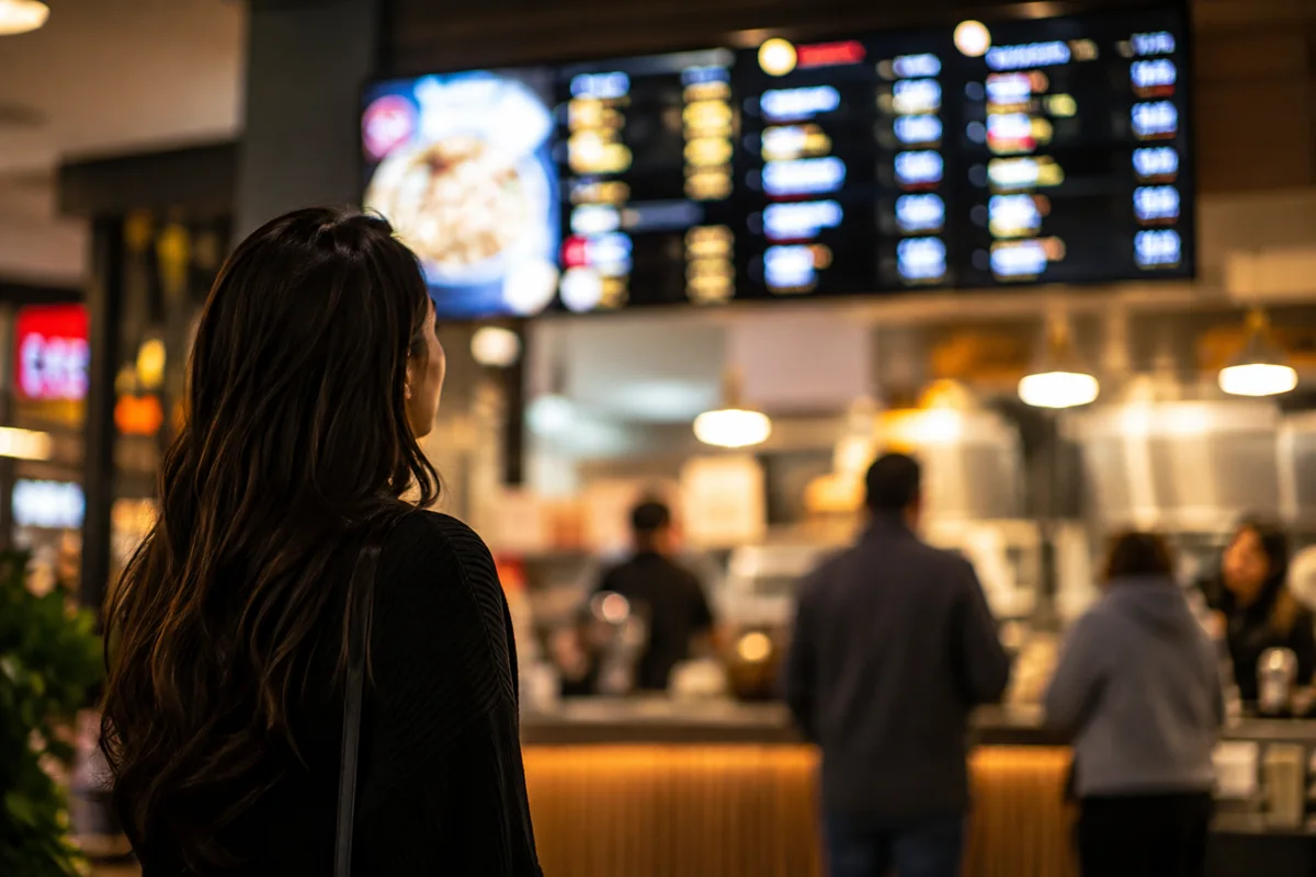 Painel de senhas mostrando pedido pronto em um restaurante de fast-food
