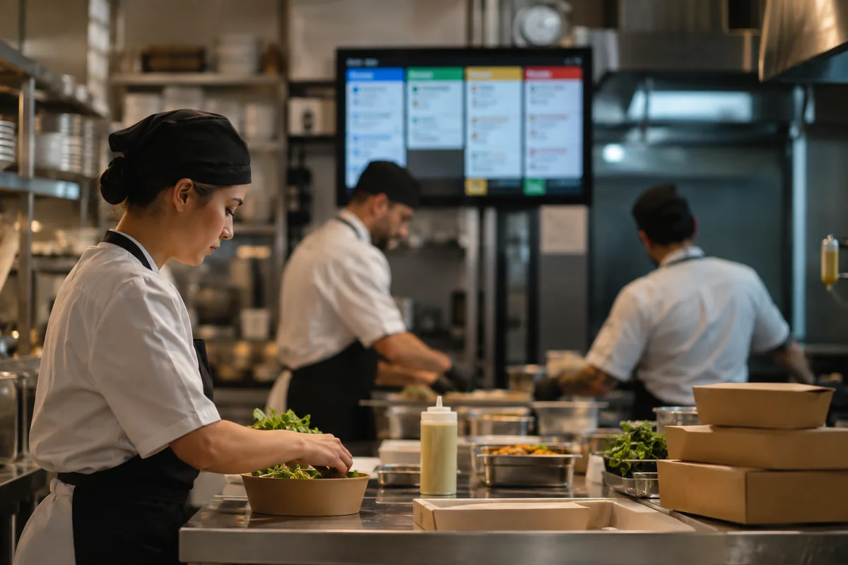 Kanban de pedidos organizando etapas de produção e entrega em um restaurante