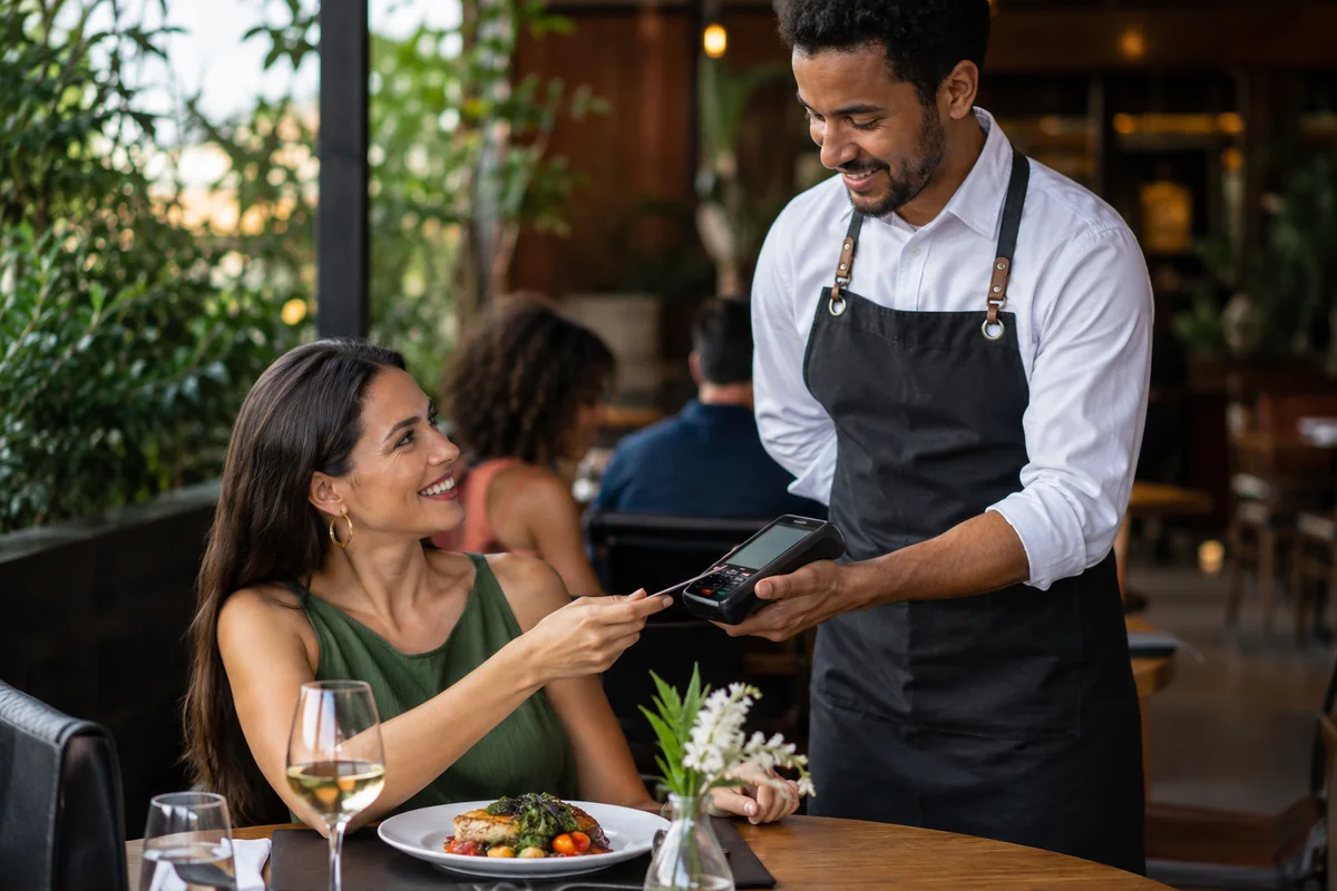 Maquininha SmartPOS emitindo pedido e recebendo pagamento em restaurante