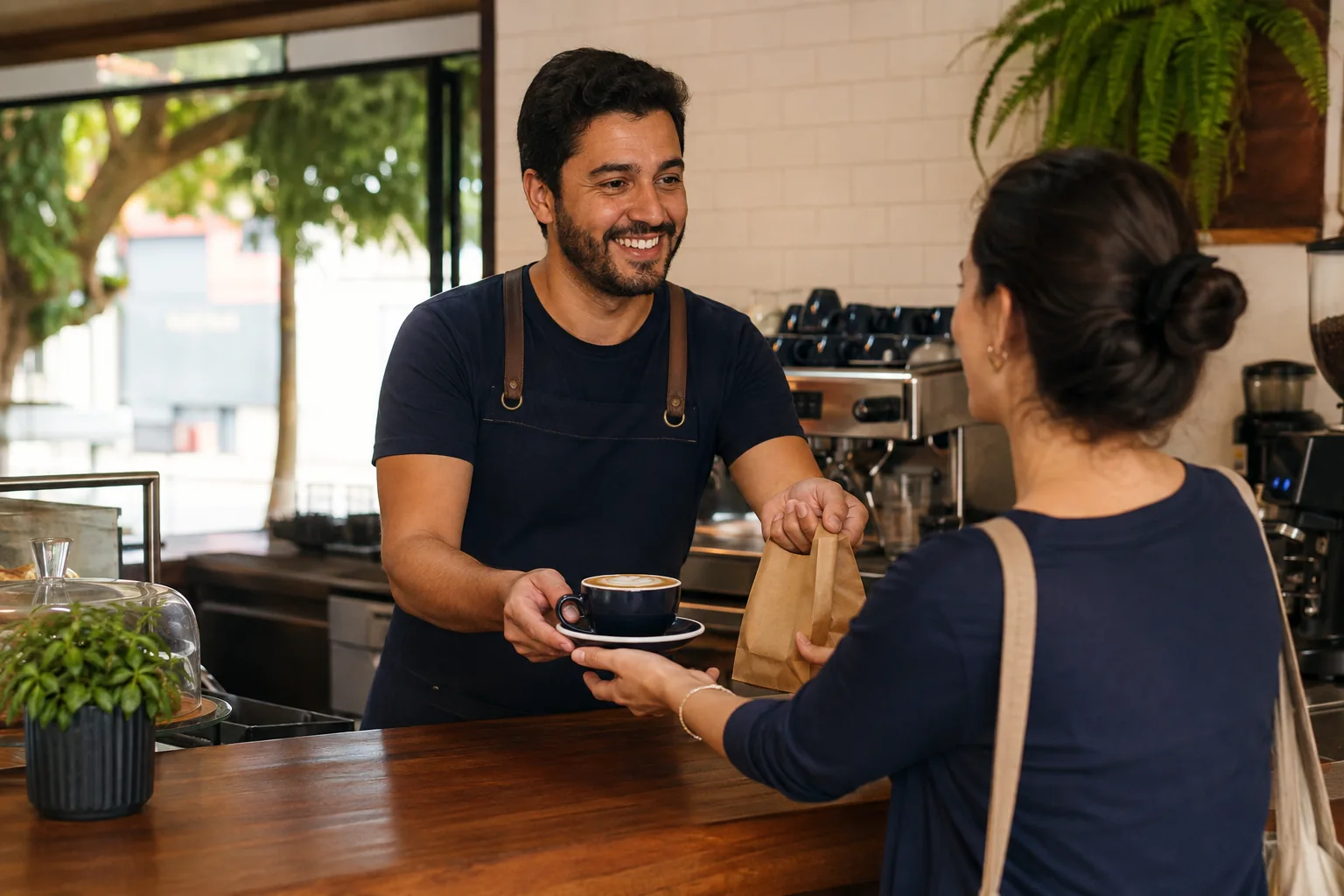 Barista entregando café a um cliente no balcão de uma cafeteria.