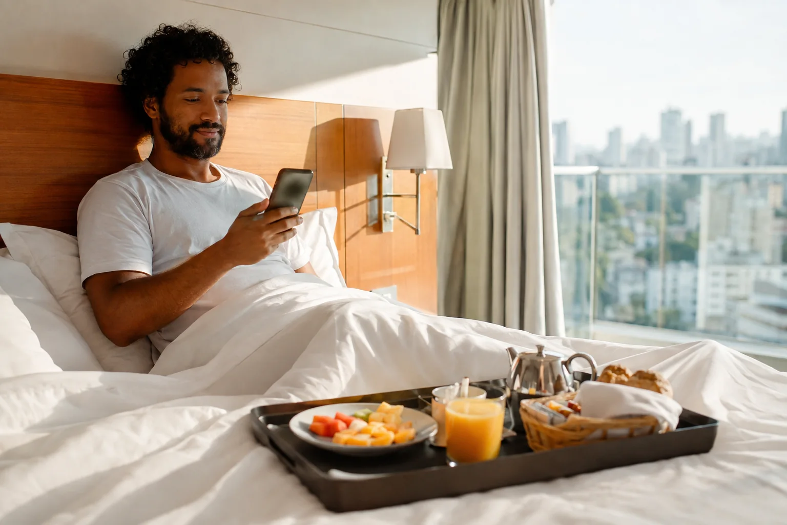 Tela de cardápio do app da marca do hotel, com fotos e categorias de produtos.