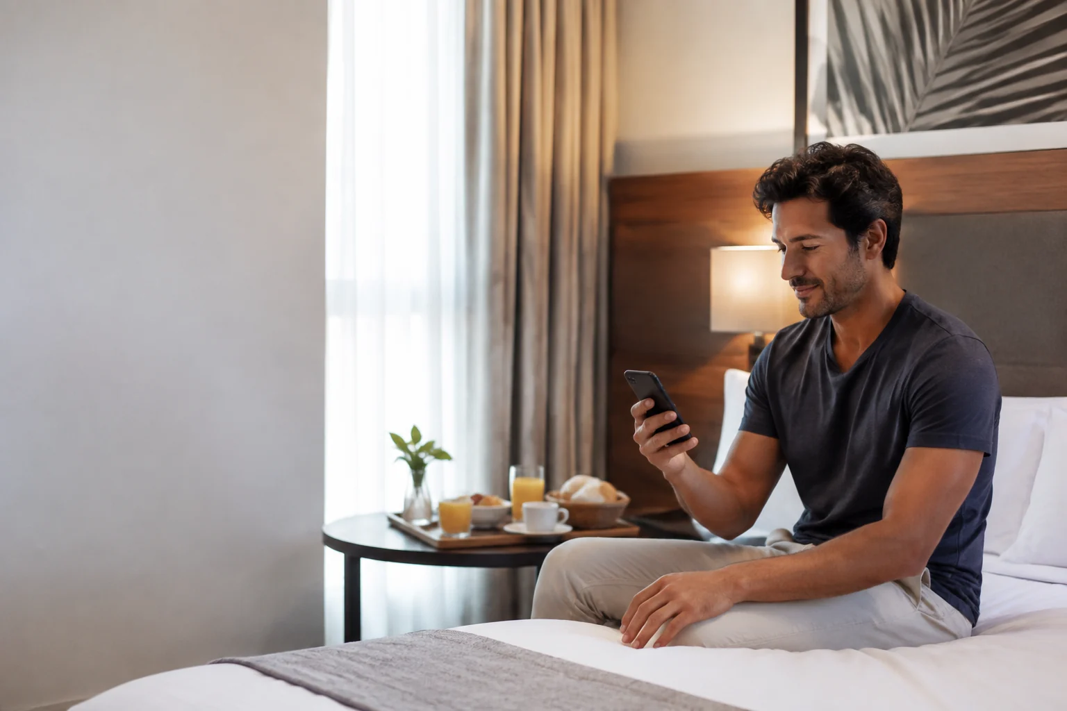 Hóspede fazendo um pedido de room service pelo celular no quarto de um hotel.