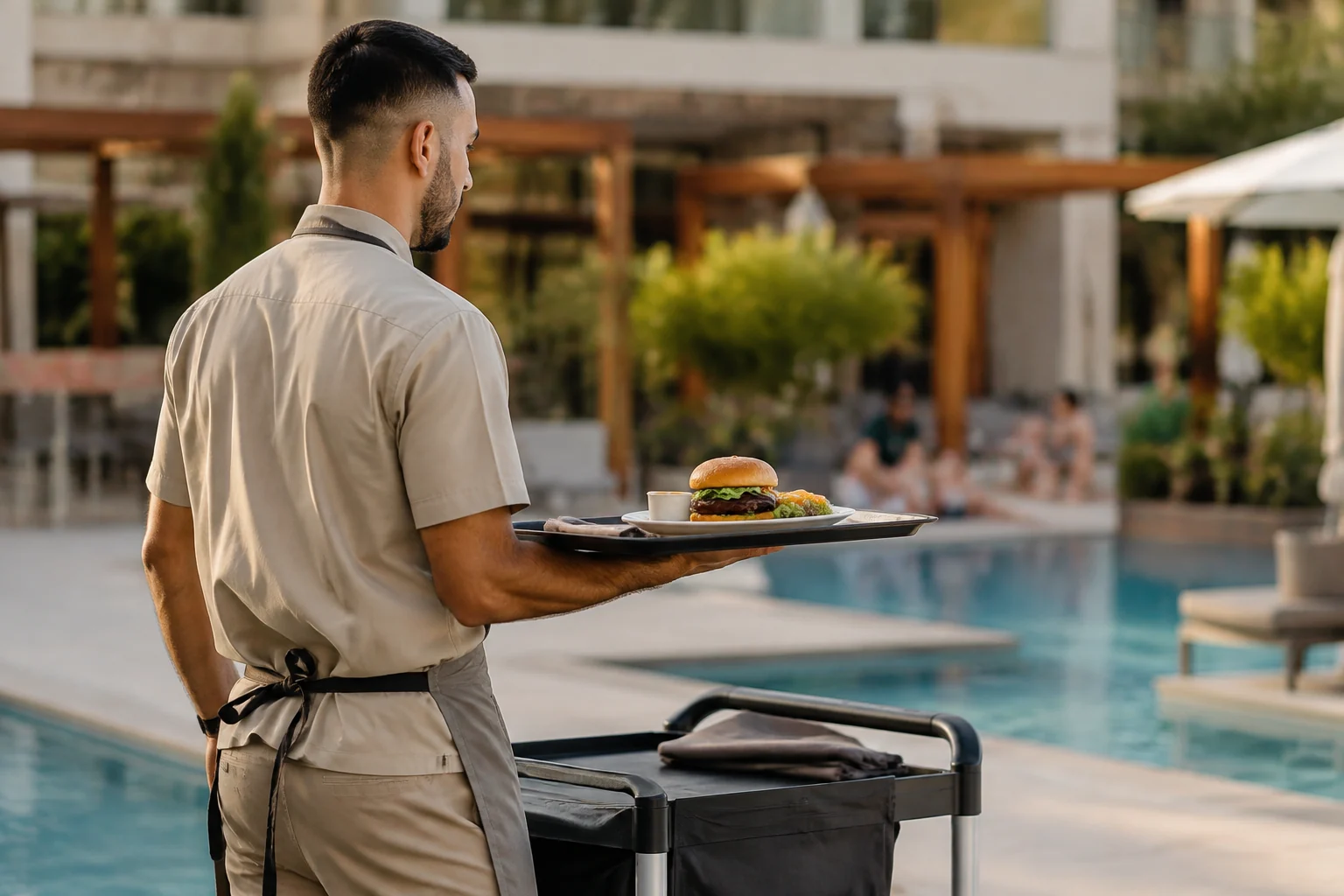 Funcionário levando um pedido de alimentos para a área da piscina de um hotel.